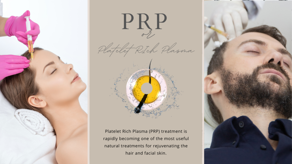 Promotional banner for PRP treatment showing a woman and a man receiving platelet rich plasma therapy, with a central section displaying the text "PRP or Platelet Rich Plasma" and a description of the treatment's rejuvenating benefits for hair and facial skin.