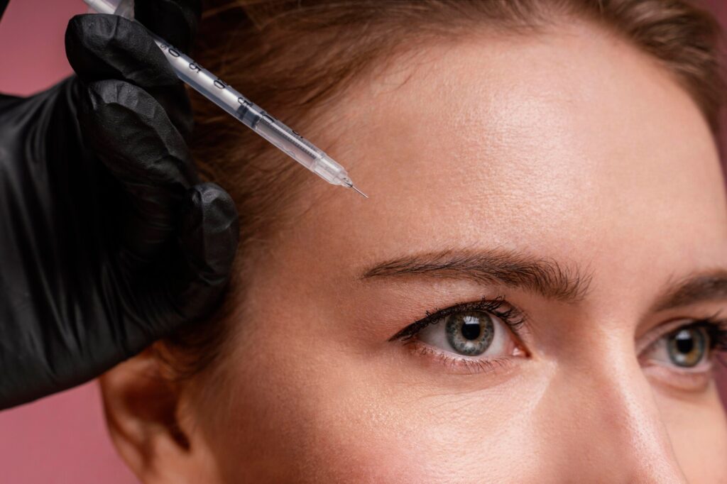Close-up view of a woman's face as a professional wearing black gloves administers a cosmetic injection with a syringe to her forehead, targeting fine lines or wrinkles for aesthetic enhancement.