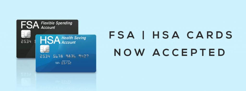 Promotional banner showing a black Flexible Spending Account (FSA) card and a blue Health Saving Account (HSA) card on a light blue background, accompanied by the text “FSA | HSA Cards Now Accepted.”