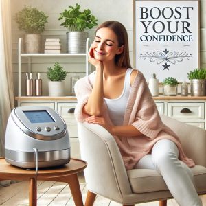 A serene woman in a light pink cardigan sits comfortably in a stylish home setting beside a modern beauty or wellness device on a table, with a decorative sign reading “Boost Your Confidence” in the background and lush greenery adding a fresh ambiance.