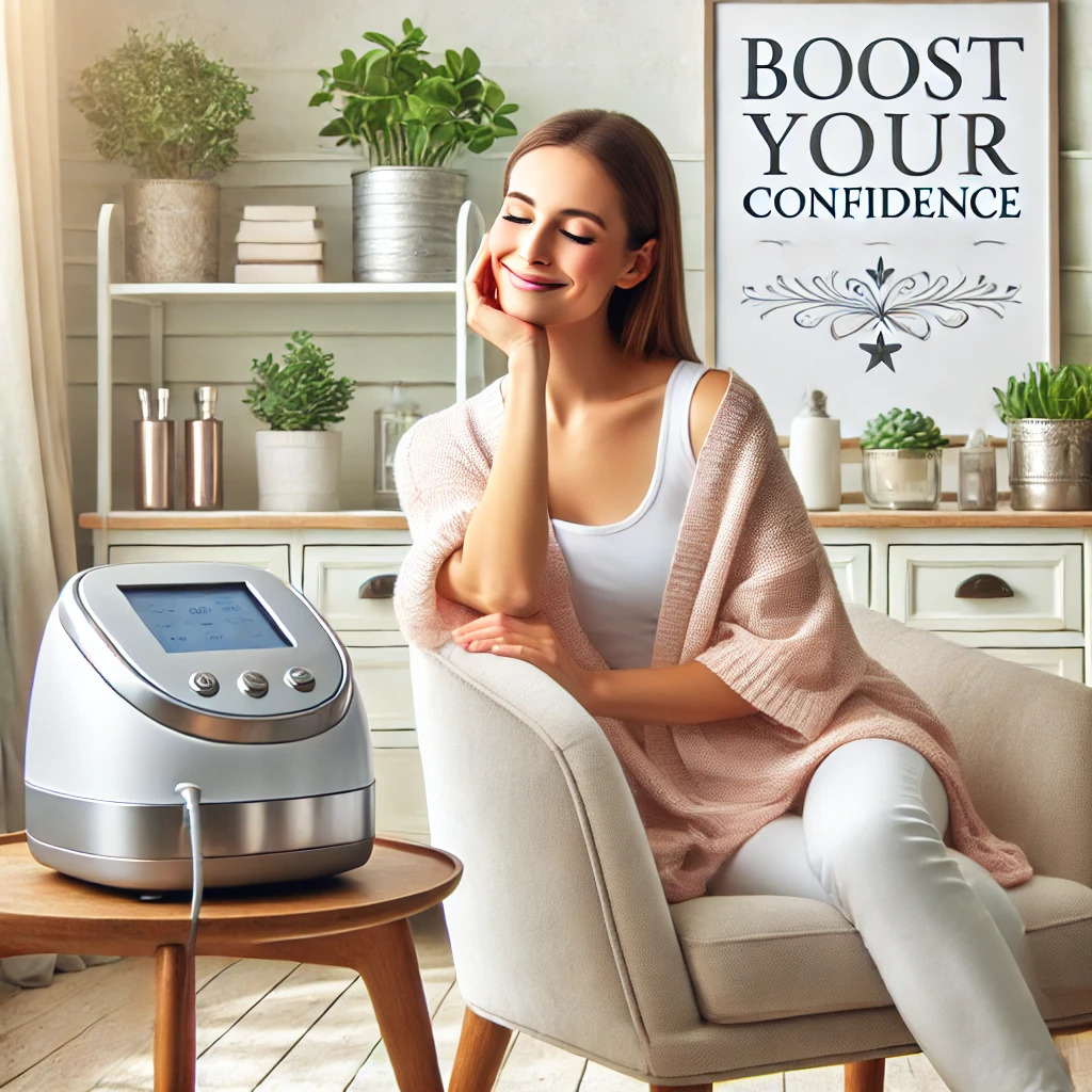 A serene woman in a light pink cardigan sits comfortably in a stylish home setting beside a modern beauty or wellness device on a table, with a decorative sign reading “Boost Your Confidence” in the background and lush greenery adding a fresh ambiance.