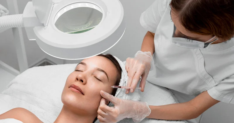 A woman lies peacefully with eyes closed on a treatment bed while a medical aesthetician wearing gloves and a face mask administers a cosmetic injection to her cheek under a magnifying examination lamp in a clean, clinical environment.