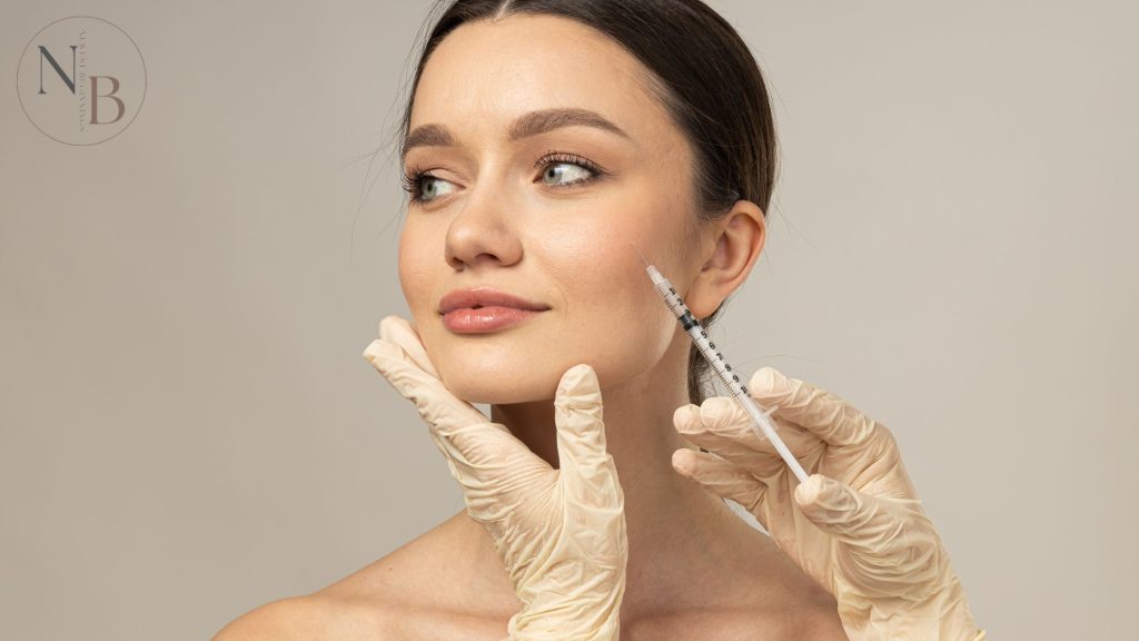 A woman receiving a Botox injection in her cheek from a professional wearing medical gloves.