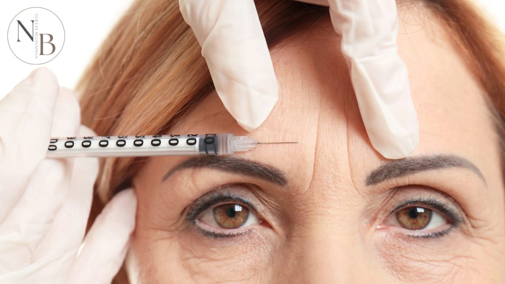 A woman receiving a Botox injection in the forehead to smooth frown lines and reduce wrinkles.