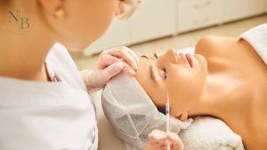 A woman receiving a Botox injection near the outer eye area to smooth wrinkles and reduce crow’s feet.